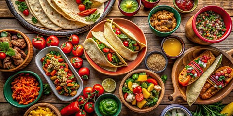 Fototapeta premium Colorful Mexican dishes on the table with tacos, burritos, quesadillas, chili, fajitas, and tortillas, Mexican, dishes