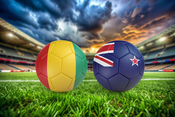 Fototapeta premium Two soccer balls in flags colors on a stadium blurred background. Guinea vs New Zealand. 3D image.