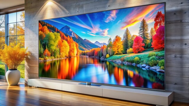 Modern sleek high definition flat screen display mounted on wall showcasing vibrant colorful visuals with exceptional clarity and stunning picture quality.