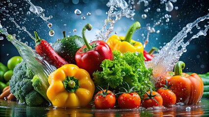 Close-up of vegetables being washed in water, with drops splashing , Vegetables, washing, water, drops, wet, splashing