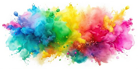 Vibrant watercolor stain splatters in shades of pink, yellow, blue, and green, randomly scattered on a clean white background, creating a playful abstract art piece.