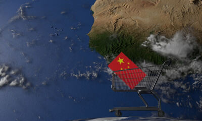 Earth global map worldwide copy space cart shopping china country nation star golden red flag demand supply chinese ecommerce business import export cargo logistic store retail industry culture office