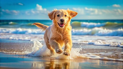 Adorable small golden retriever puppy runs freely on a sunny sandy beach with ocean waves crashing in the background peacefully.