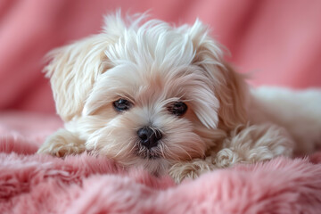 cute little maltipoo puppies sleepy isolated on pink background AI Generate 