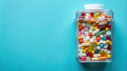 Container of various pills and medication , pharmaceutical, healthcare, vitamins, medication, medicine, drugs, supplements