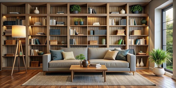 Cozy den with stylish bookcase and comfortable couch for reading , relaxation, escape, literature, cozy, den, stylish