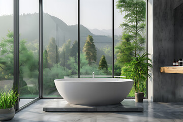 Fototapeta premium Contemporary bathroom with expansive window overlooking lush forest, elegant design for peaceful ambiance, and abundant natural light for a bright, airy vibe