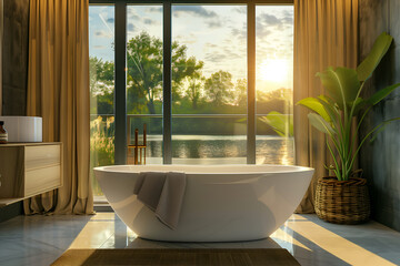 Fototapeta premium Relax in a luxurious modern bathroom with a stunning sunset view over a tranquil lake, enjoying the minimalist design and elegant interior while unwinding in a spacious bathtub