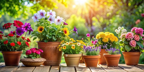 Colorful flowers blooming in various pots on a sunny patio , garden, plant, nature, vibrant, colorful, outdoor, decor, potted