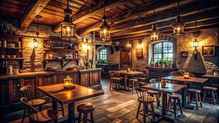 Cozy vintage tavern with warm lighting and rustic atmosphere, vintage, tavern, rustic, charm, warm, lighting