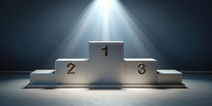 Empty winners podium with places for 1st, 2nd, and 3rd place in rendering on background, winners, podium