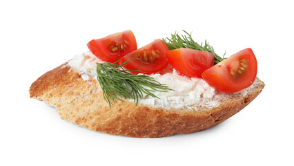 Delicious bruschetta with fresh ricotta (cream cheese), tomato and dill isolated on white