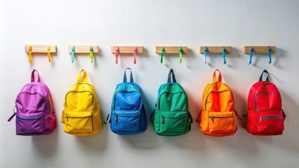 Colorful backpacks hanging on a white wall , vibrant, backpacks, school supplies, accessories, storage