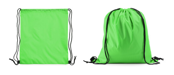 Collage of empty and filled green drawstring bag isolated on white