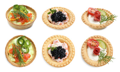 Different canapes isolated on white, top and side views