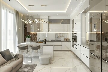 Luxury modern white, beige and grey kitchen interior 