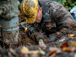 A construction worker in a yellow helmet digs in the dirt, looking intently at the ground.