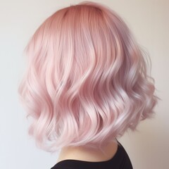 Fototapeta premium A woman with a pink ombre bob hairstyle. Her hair is wavy and styled with a light pink shade at the top that fades to a lighter, almost white shade at the ends