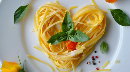 Heart made with pasta on the plate. 