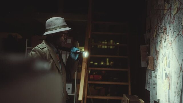 Senior African American detective in gloves holding flashlight and examining maps and photos connected with red string on the wall in dark room while visiting crime scene at night