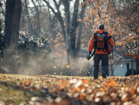 A man uses a leaf blower to clear leaves from a yard in autumn