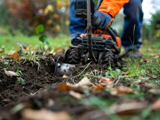 A person using a power tiller to prepare soil for planting in an autumn garden.