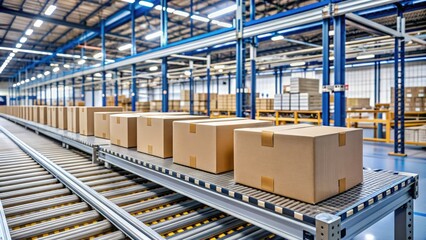 Automated machine prints labels and barcodes on cardboard boxes on a conveyor belt in a modern warehouse with rows of shelving in the background.