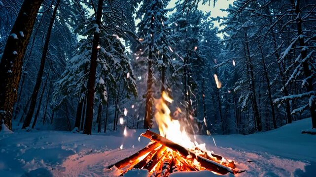 Winter Campfire in Snowy Forest