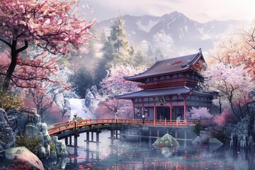 Fototapeta premium Serene Cherry Blossom Tree. Japanese traditional garden concept