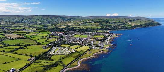 Panoramic aerial view of Cushendall Village on the Irish Sea Co Antrim Northern Ireland on a sunny...