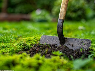 Fototapeta premium Close-up of a garden trowel digging into rich soil, surrounded by lush green moss.