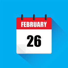 February 26 calendar. February twenty six date. Vector icon. Blue background.