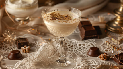 dessert scene with a brandy alexander, garnished with grated nutmeg, served in a chilled coupe glass on a vintage lace tablecloth with chocolates in the background