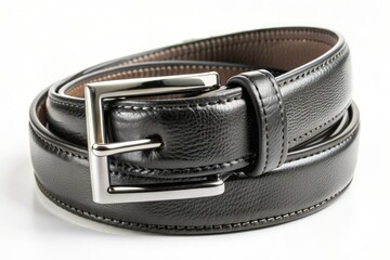 A sleek and stylish black leather belt lies horizontally on a crisp white background, showcasing its intricate buckle and subtle texture in perfect detail.