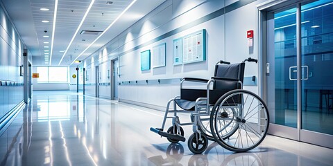 A sleek, modern hospital hallway with empty wheelchair, stethoscope, and medical charts on wall, conveying a sense of confidence and expertise in healthcare.