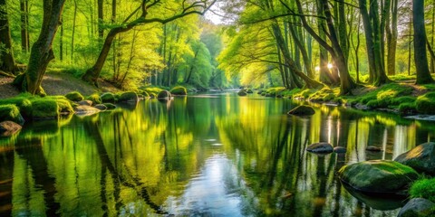 Fototapeta premium Serene river winds through lush green forest, sunlit trees reflect off calm water, gentle ripples disturb surrounding stones and moss-covered banks during spring awakening.