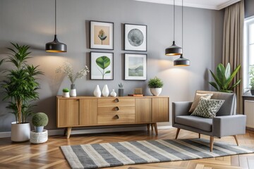Modern living room interior with sideboard and art decoration
