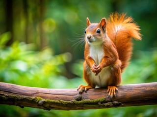 A solitary European red squirrel in captivity, sitting on a wooden branch, surrounded by lush greenery, with calm expression, in a zoo enclosure setting.
