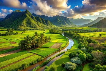 Fototapeta premium Serene Hawaiian landscape featuring lush green mountains, fertile fields and a thriving farm, where a gentle river stream nourishes vibrant taro crops in a picturesque valley.