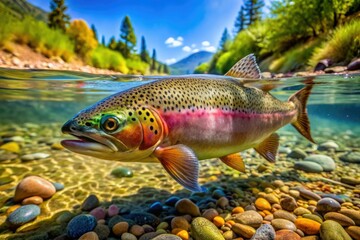 Naklejka premium Vibrant rainbow trout swims upstream in clear mountain river water, its scales shimmering in sunlight, surrounded by aquatic plants and smooth river rocks.