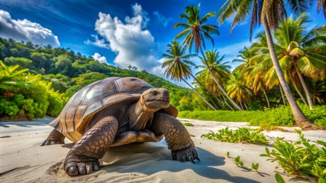Majestic Aldabra giant tortoise roams freely on pristine white sandy beach surrounded by lush tropical vegetation near Praslin Island Seychelles.