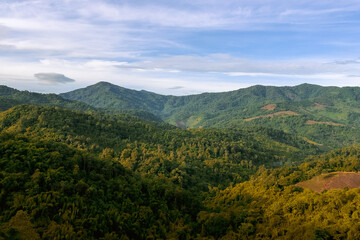 Aerial view on top of mountain and  forest. Ecosystem and healthy environment concept and nature background, Texture of green tree forest view from above.