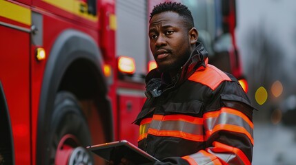 Dedicated African American Firefighter Holding a Digital Tablet Near Fire Truck at Fire Station, Demonstrating Professionalism, Readiness, and Modern Technology in Firefighting Operations 