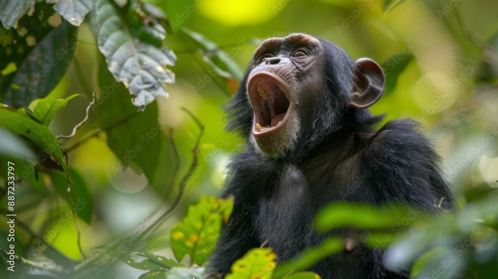 Poster A chimpanzee stands with its mouth wide open, howling in the dense, green rainforest. The light shines through the leaves, creating a bokeh effect in the background