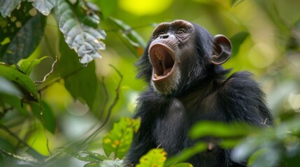 A chimpanzee stands with its mouth wide open, howling in the dense, green rainforest. The light shines through the leaves, creating a bokeh effect in the background