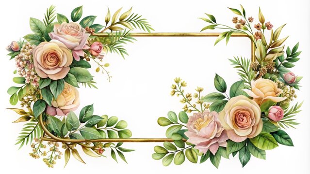 Elegant ornate gold frame adorned with lush greenery and blooming flowers, perfect for luxurious wedding title designs and stationery.