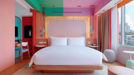 Comfortable hotel room with colorful interior ornament for elegant impression