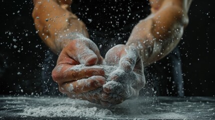 Fototapeta premium Close-up of hands clapping with flour, creating a dramatic cloud in the air, symbolizing hard work and effort.