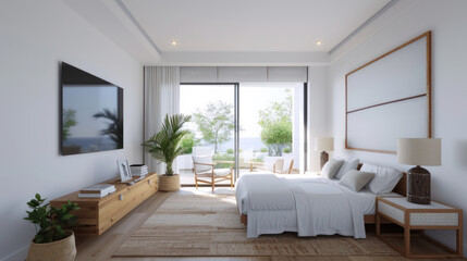 Comfortable hotel room with white interior ornament for elegant impression