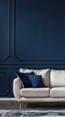 Obraz premium Modern interior design with sofa and empty dark blue wall background